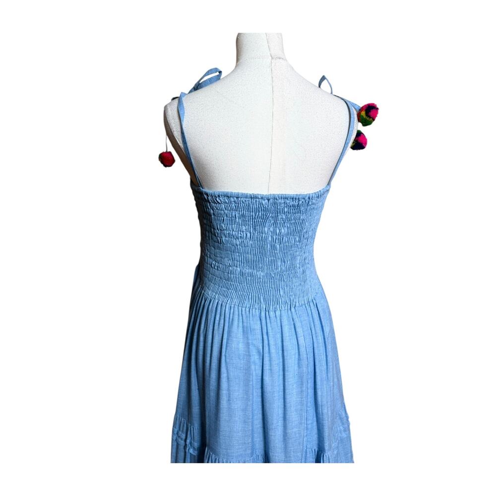 Blanco de Ibiza Boho Maxi Dress S Smocked Cotton Lace Pom Pom Tiered Blue Dress - Picture 7 of 11